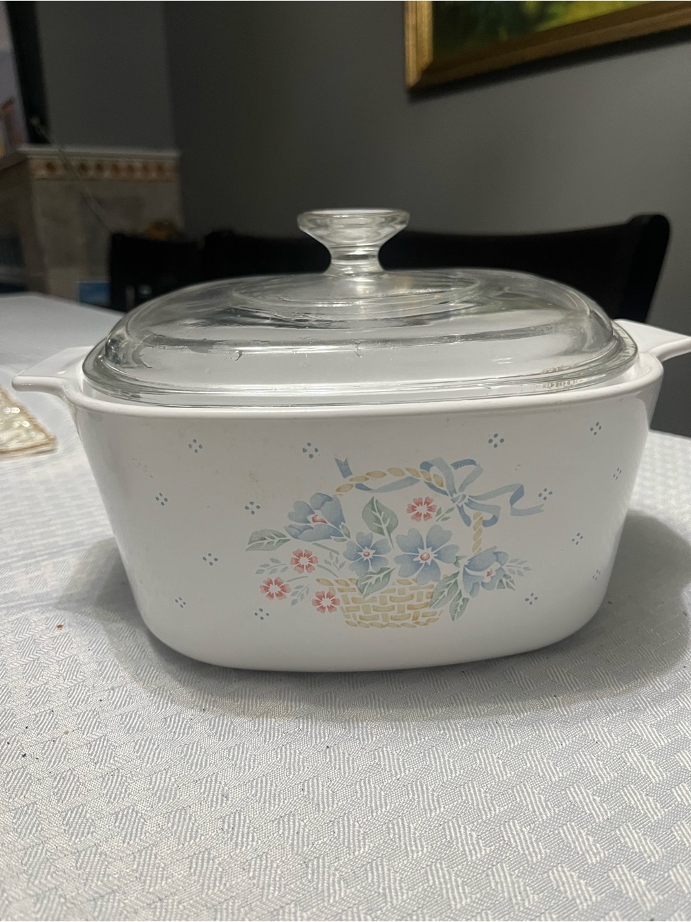 Vintage Corningware White Casserole with Blue and Pink Floral Basket